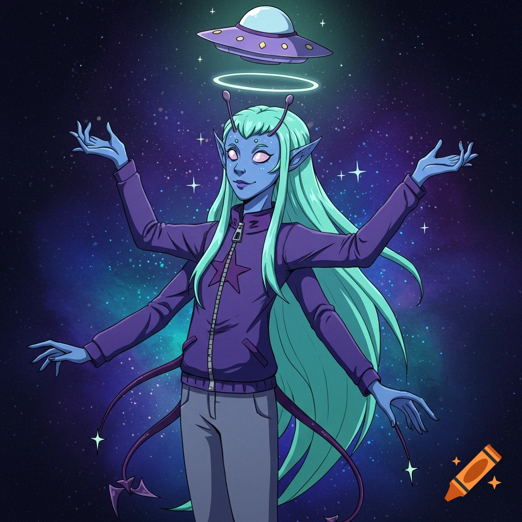 Blue alien character with light green hair, four arms, and tails, wearing a purple jacket, against a starry galaxy background, anime style.