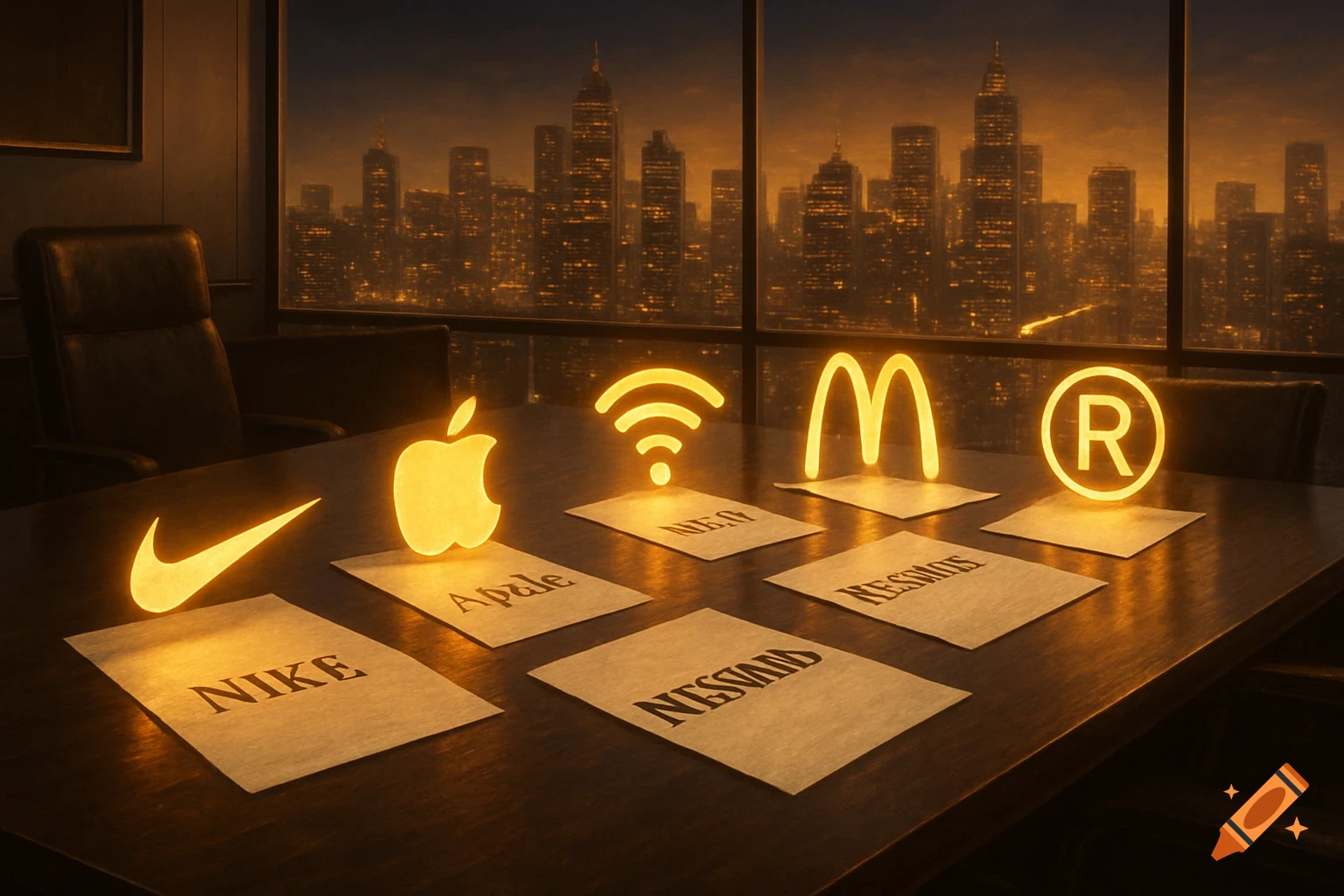 A boardroom table with glowing Nike, Apple, Wi-Fi, McDonald's, and Registered logos, papers, and a city skyline view.