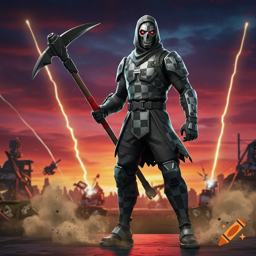 Checkered Renegade Raider from Fortnite with a skull face and red eyes, holding a pickaxe in a stormy sunset landscape.