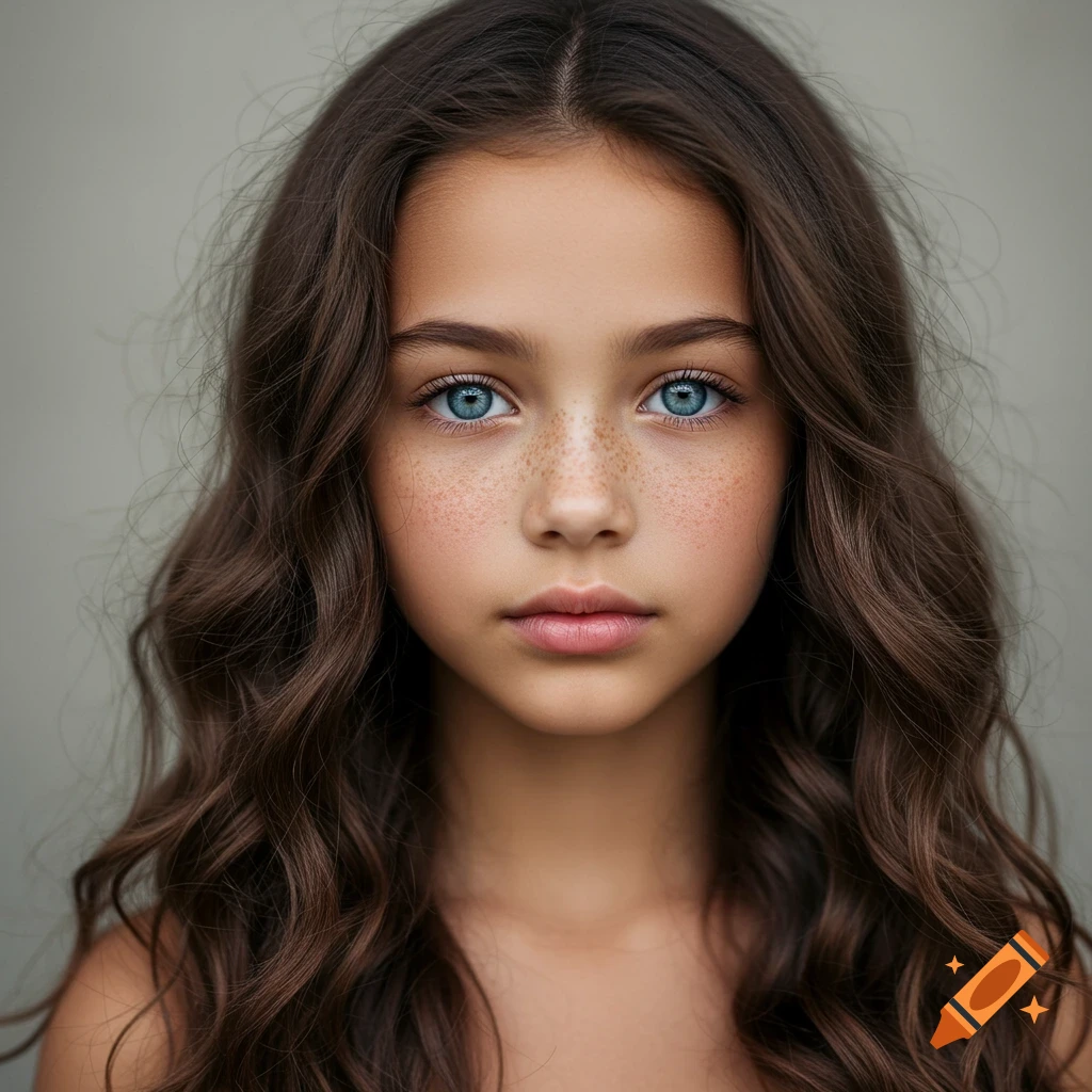 Close-up photorealistic portrait of a young girl with long wavy brown hair, blue eyes, and freckles.
