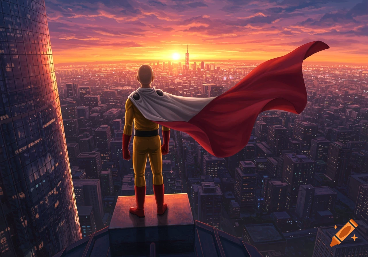 A bald superhero in a yellow suit and red cape stands on a skyscraper, overlooking a sprawling city at sunset.