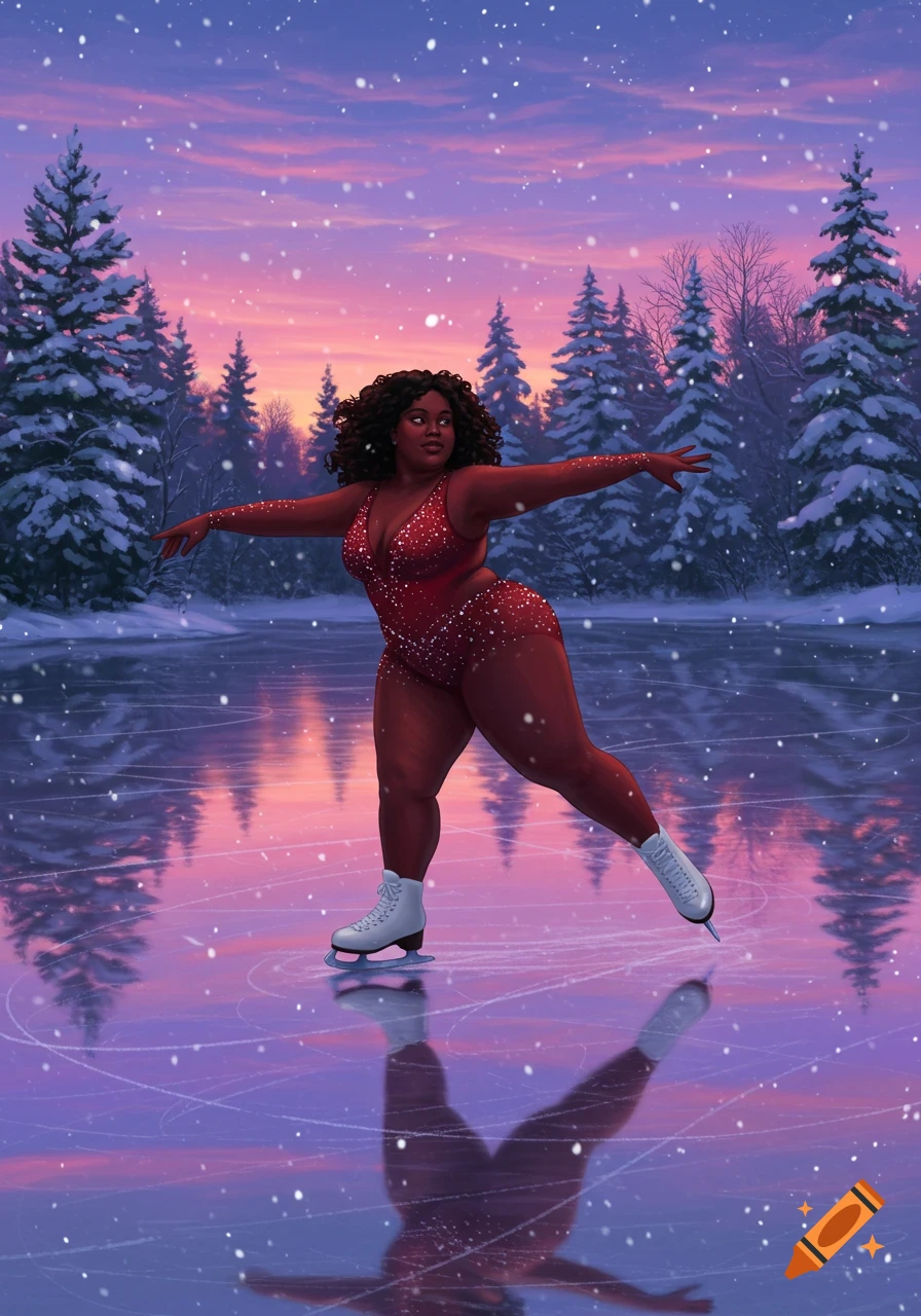 An overweight Black woman in a sparkly red outfit figure skating on a frozen lake at sunset with snowy trees and falling snow.