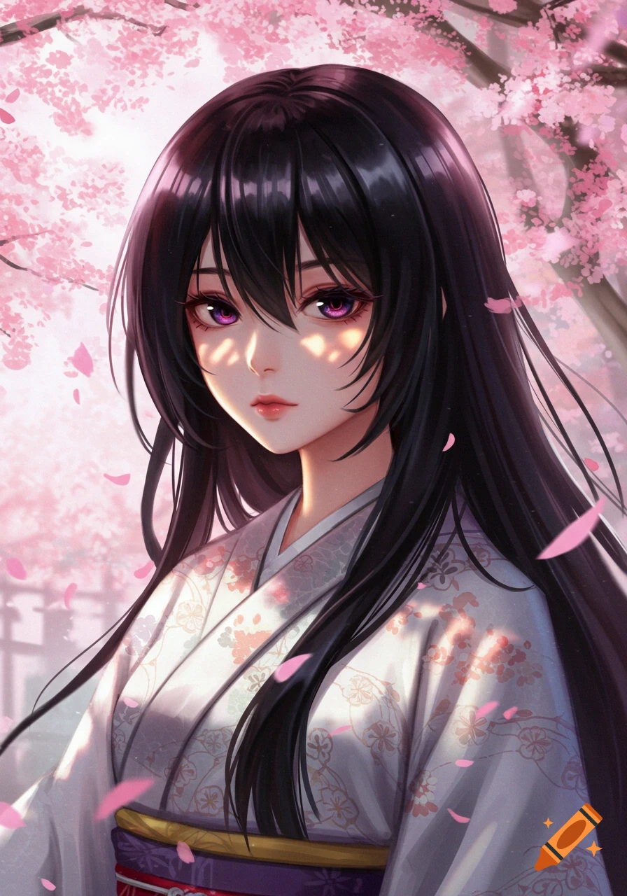An anime girl with black hair and purple eyes wears a kimono under falling cherry blossoms.
