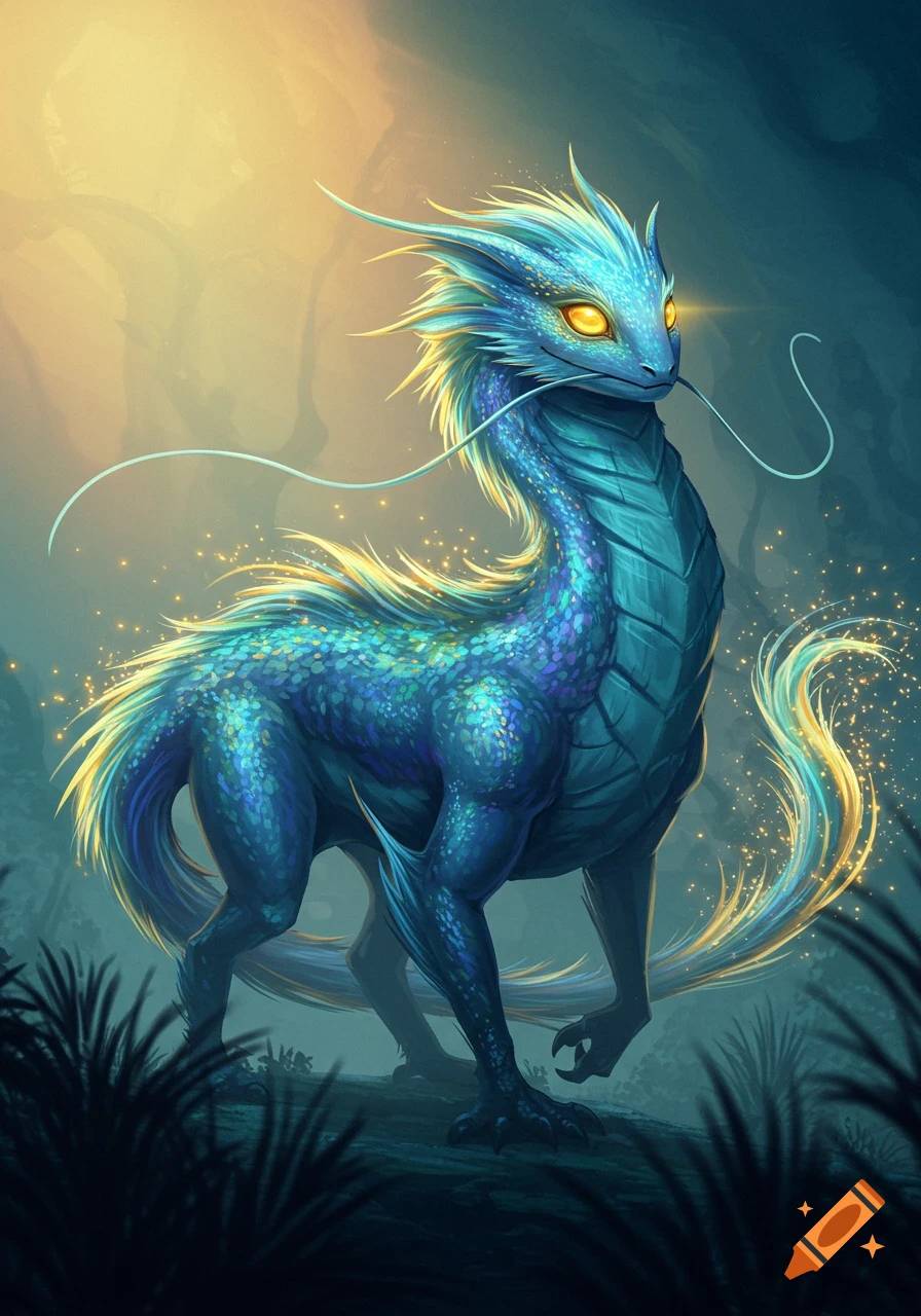 A vibrant blue and green dragon-like creature with glowing golden eyes and a bushy tail stands in a mystical forest, light shimmering around it.