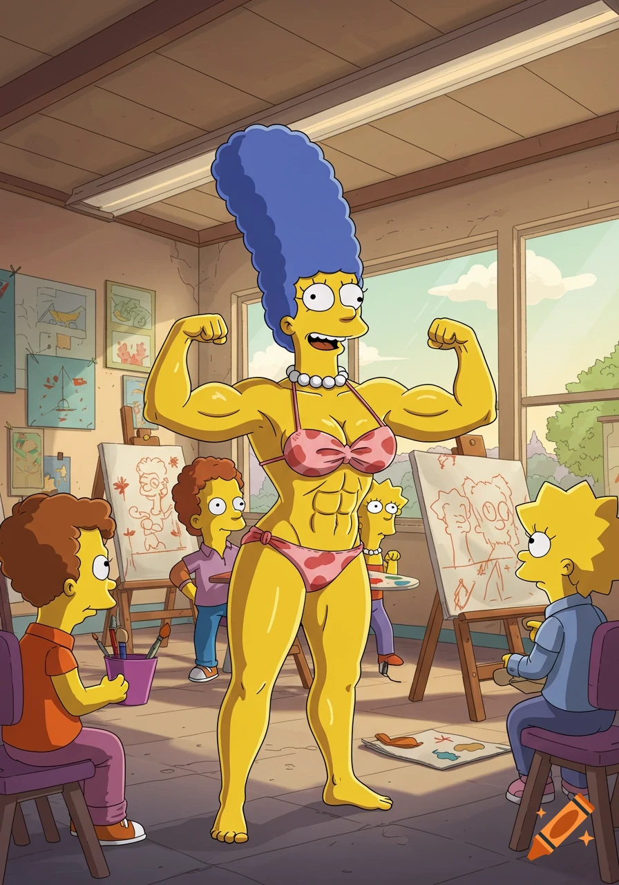 Cartoon image of a muscular Marge Simpson in a pink bikini, flexing her arms in an art classroom while kids draw on easels.