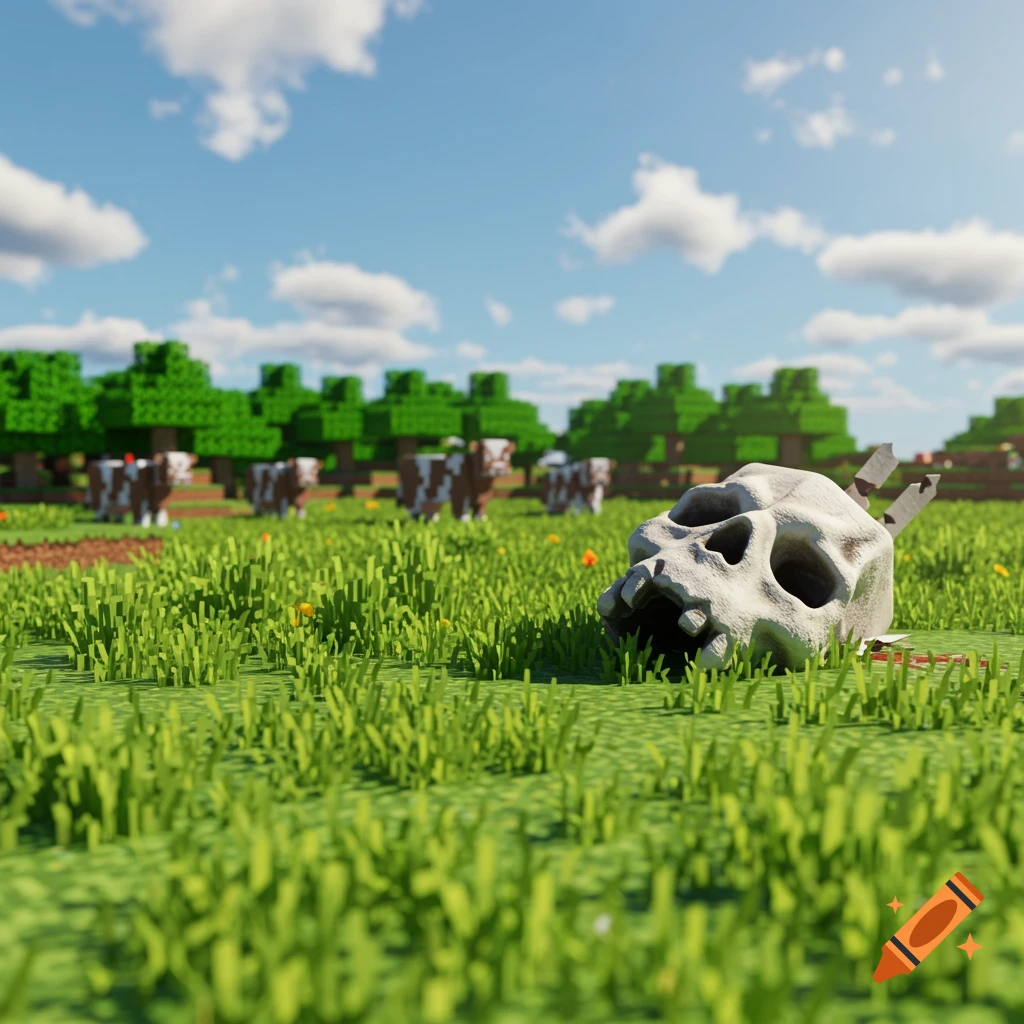 A photo-realistic Minecraft scene with a ghast skull in green grass and cows in the background under a blue sky.
