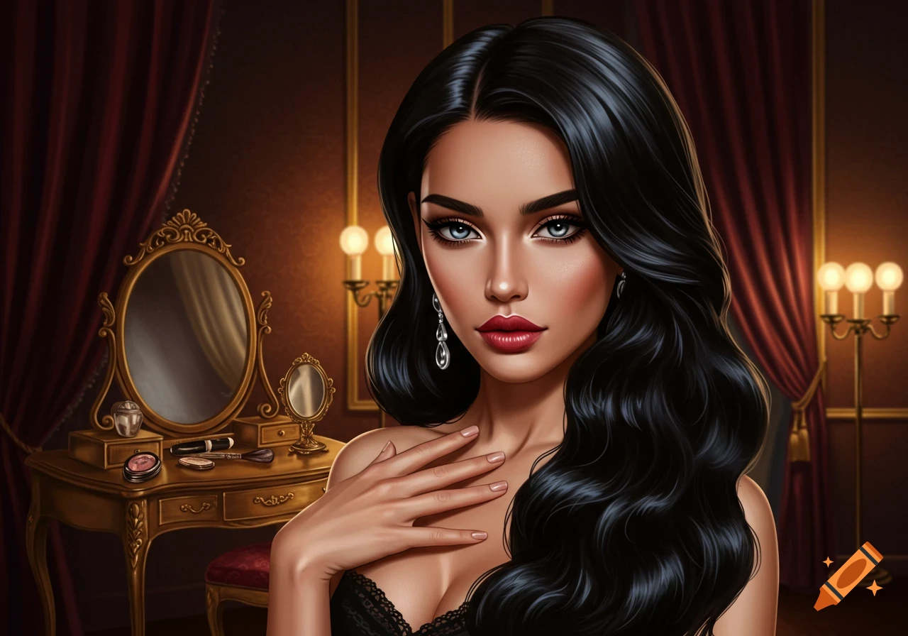 A glamorous woman with black wavy hair, blue eyes, and red lipstick poses in an opulent room with a vanity table.