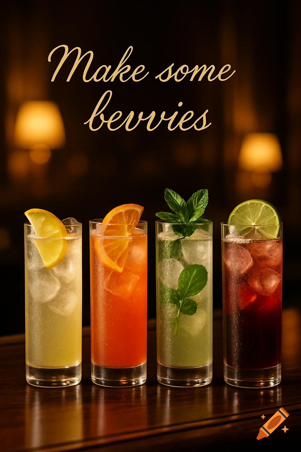 Four colorful cocktails in tall glasses with various garnishes on a dark bar, with 'Make some bevvies' text above.