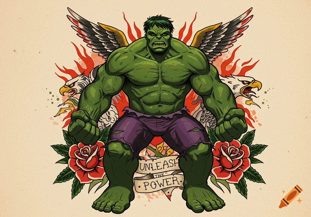 The Incredible Hulk in an American traditional tattoo style, flanked by eagles, roses, and a banner with 'Unleash The Power'.