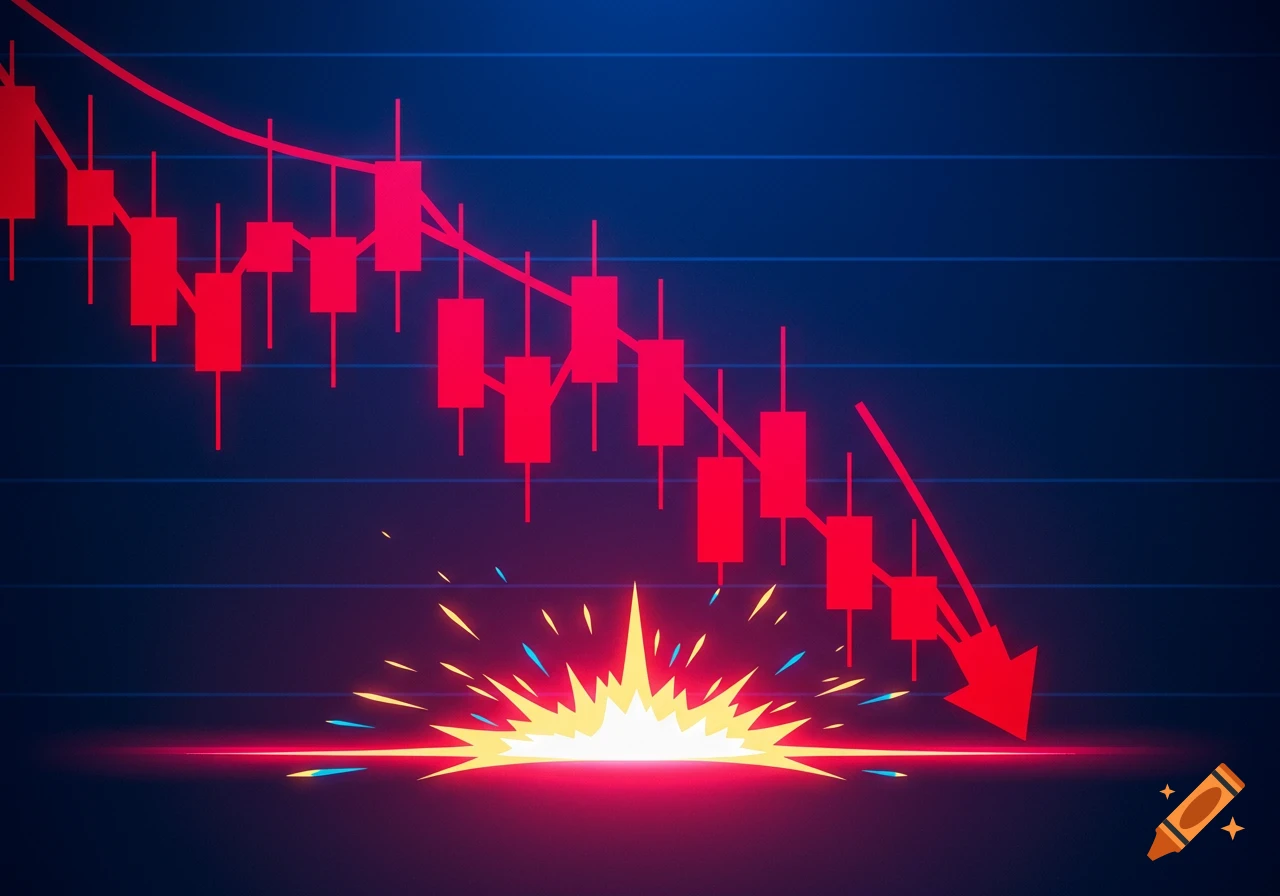 Cartoon-style stock chart with a red downward trend line and descending red candlesticks ending in a bright explosion on a blue neon background.