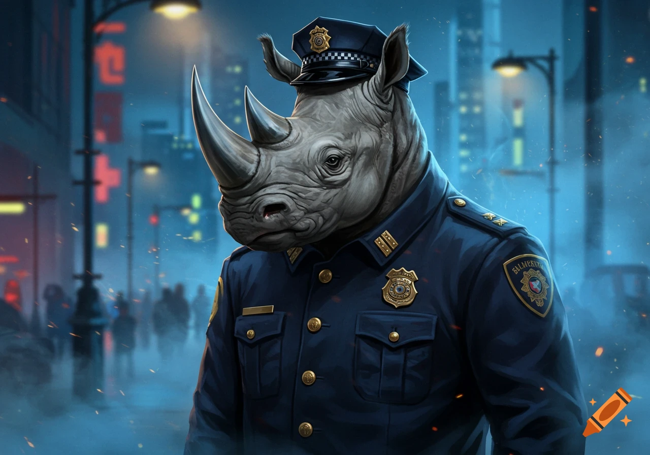 A highly detailed anthropomorphic rhinoceros wearing a police uniform and hat stands on a city street at night.