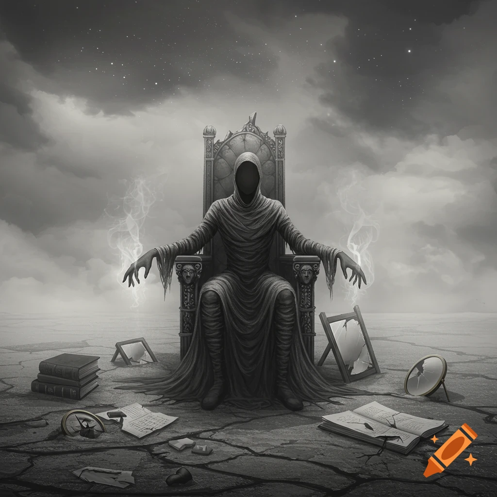 A black-robed, hooded figure with a void for a face sits on an ornate throne in a desolate, cracked landscape under a cloudy, star-speckled sky. Broken books, a shattered mirror, and a broken clock lie on the ground.