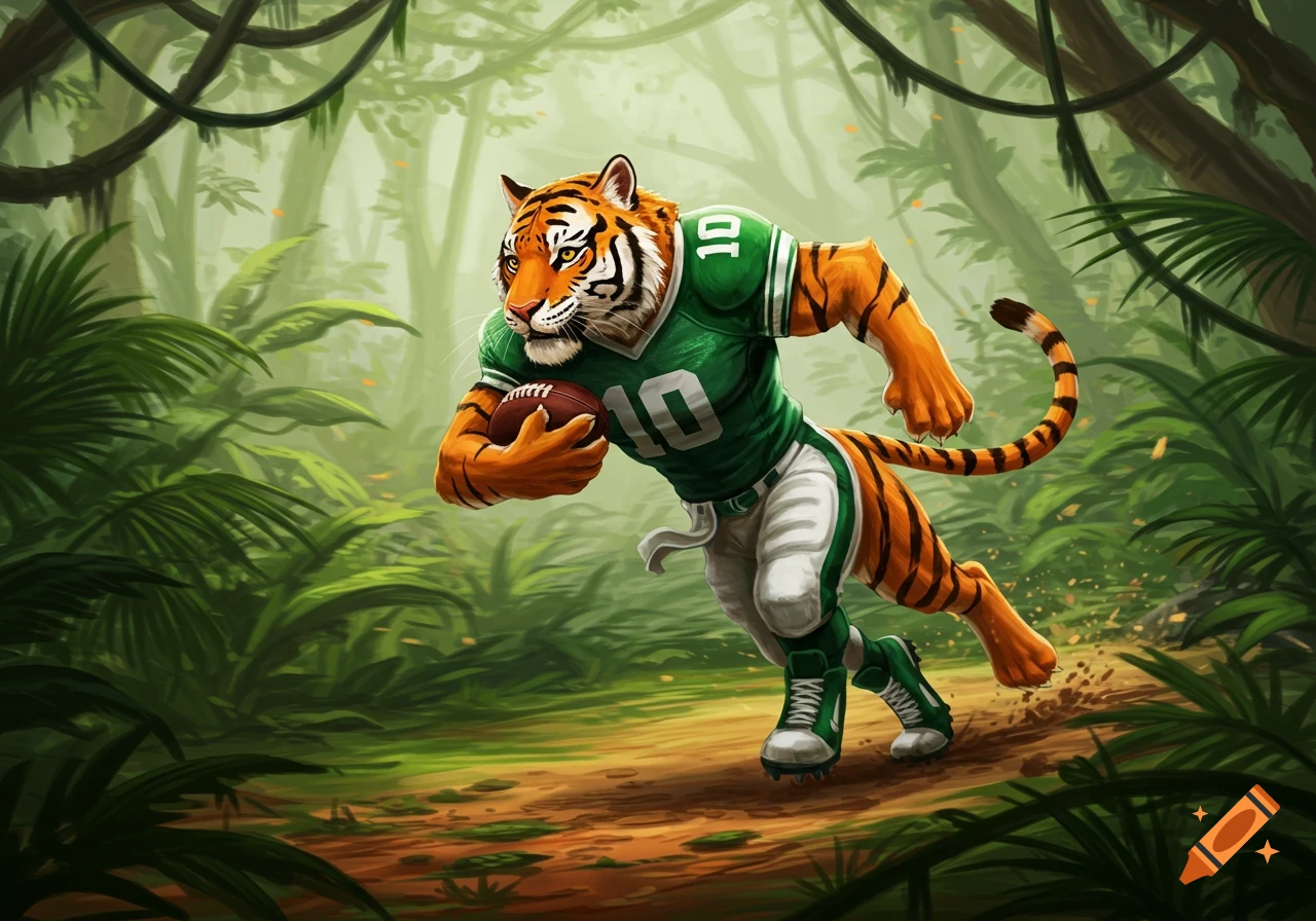 A cartoon tiger in a green and white football uniform runs through a jungle holding a football.
