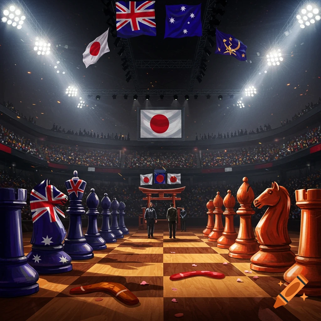 Stylized chess match in a stadium, featuring chess pieces with Australian and Japanese flag designs, watched by a crowd.