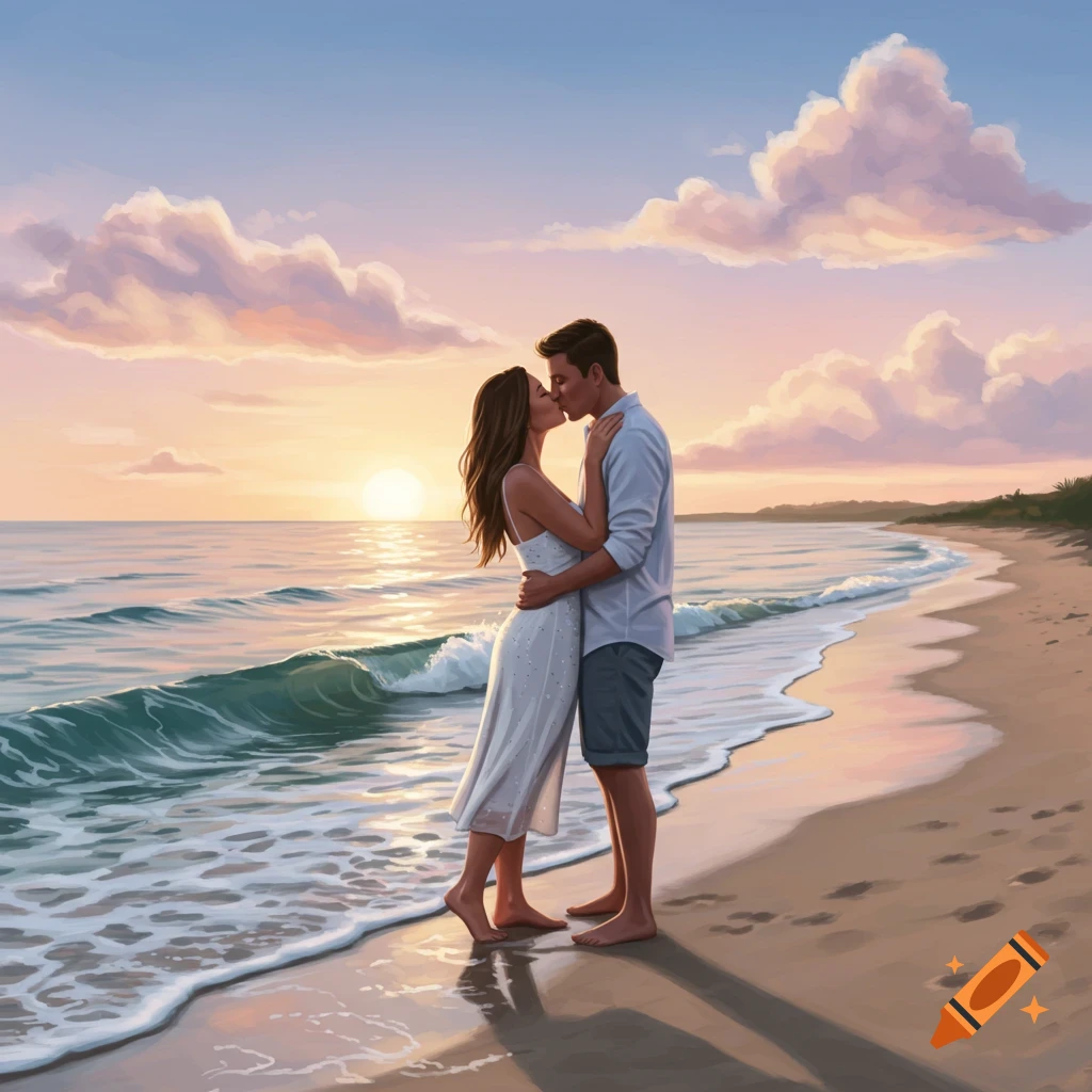 Man and woman kissing on a beach at sunset, with waves gently lapping the shore.