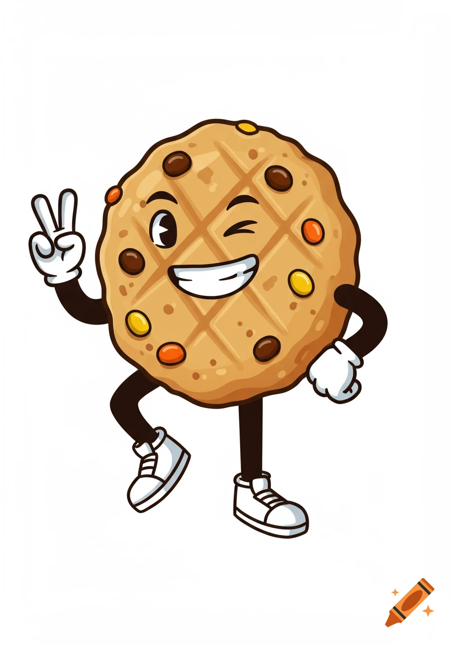 A cheerful cartoon cookie character winks and makes a peace sign, featuring peanut butter texture and colorful candy pieces.