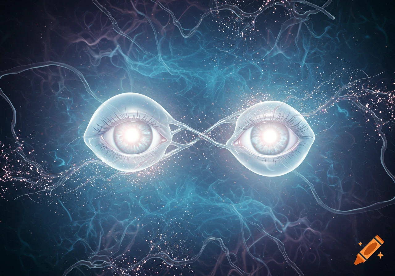 Two glowing, stylized eyes float in a dark blue and purple abstract background with neural-like tendrils and sparkling light.