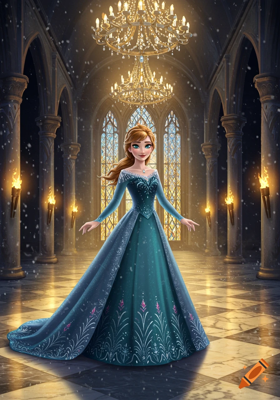 A stylized woman resembling Anna from Frozen in a blue gown stands in a grand hall with chandeliers and falling snow.