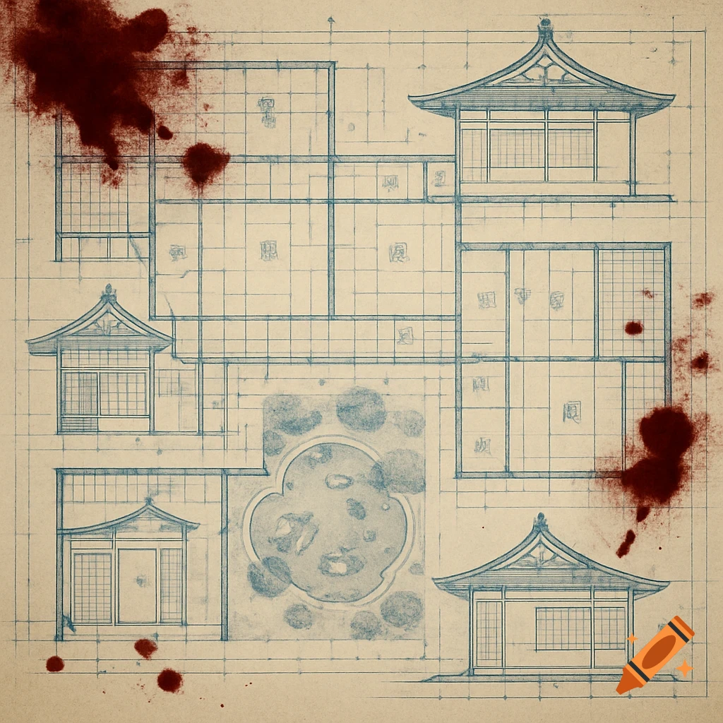 A detailed blueprint of a Japanese family home, showing multiple rooms, a garden, and traditional rooflines, with ominous red blood-like stains.