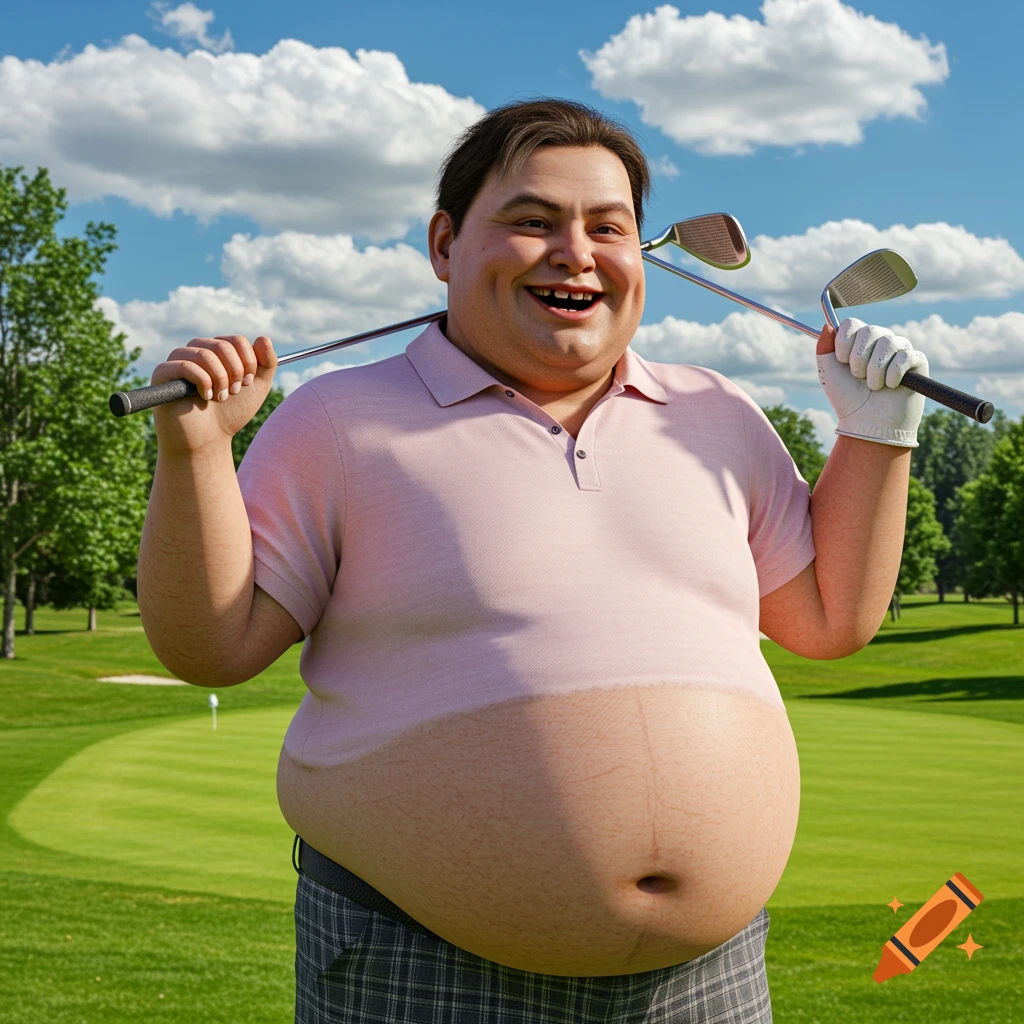 An obese male golfer with missing teeth smiles, holding clubs on his shoulders, tan line visible on his bare belly on a sunny golf course.