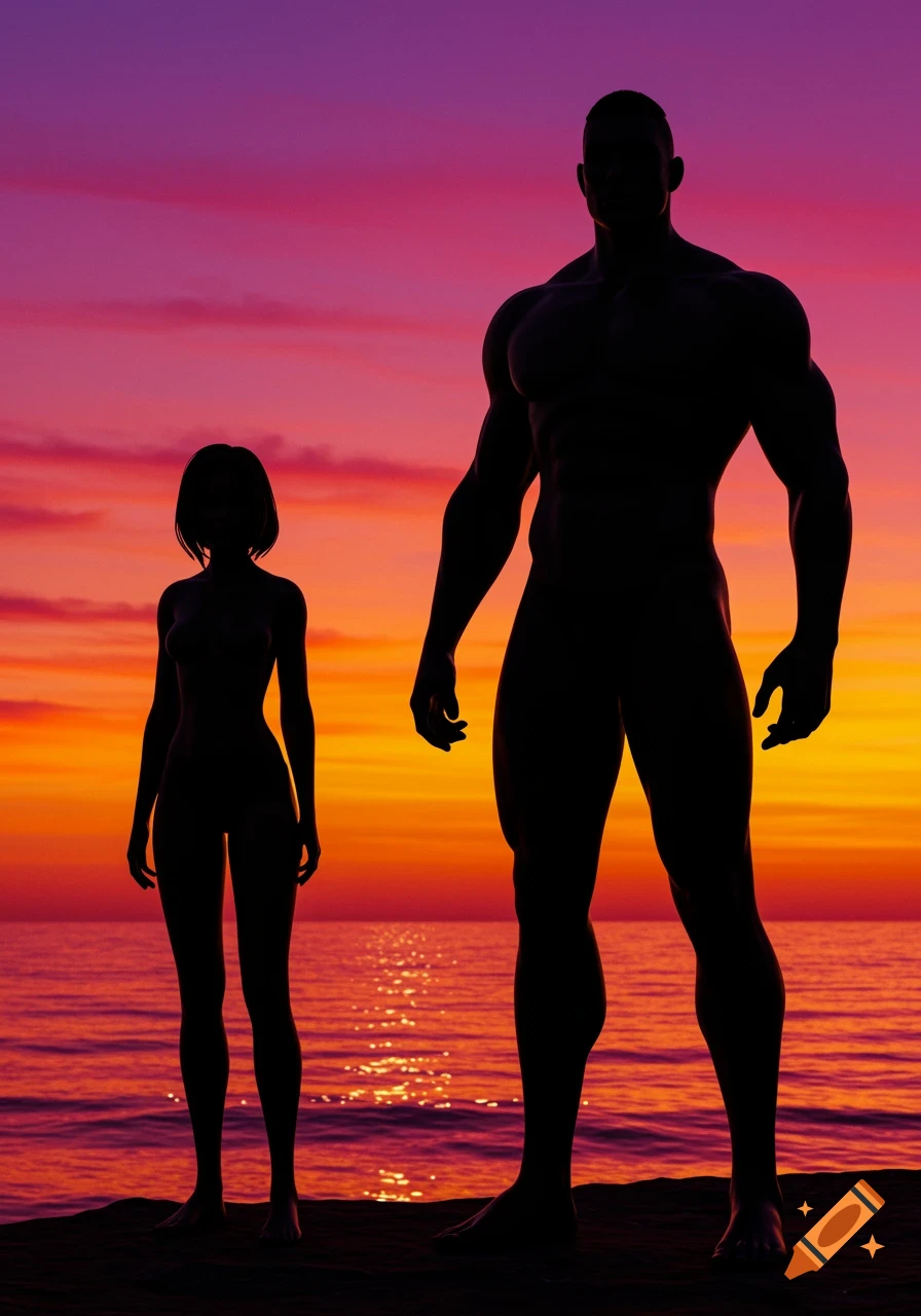 Silhouettes of a woman and a very muscular man standing on a beach at sunset, with the ocean behind them.