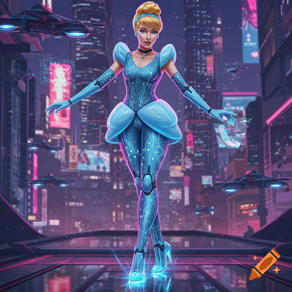 Cinderella in a glowing blue futuristic cyberpunk outfit stands in a neon-lit city with flying vehicles.