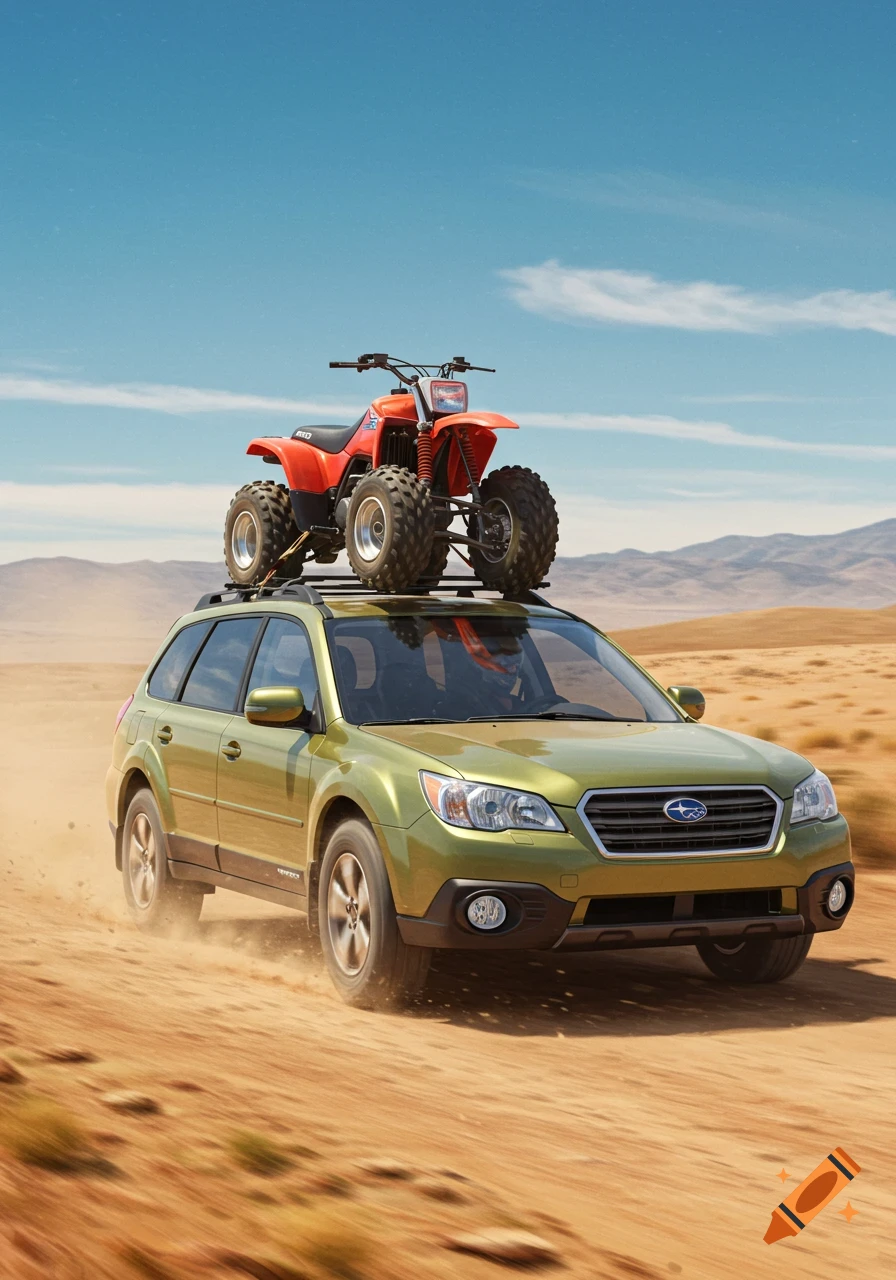 A green Subaru Outback driving through a desert, with a red ATV strapped to its roof.