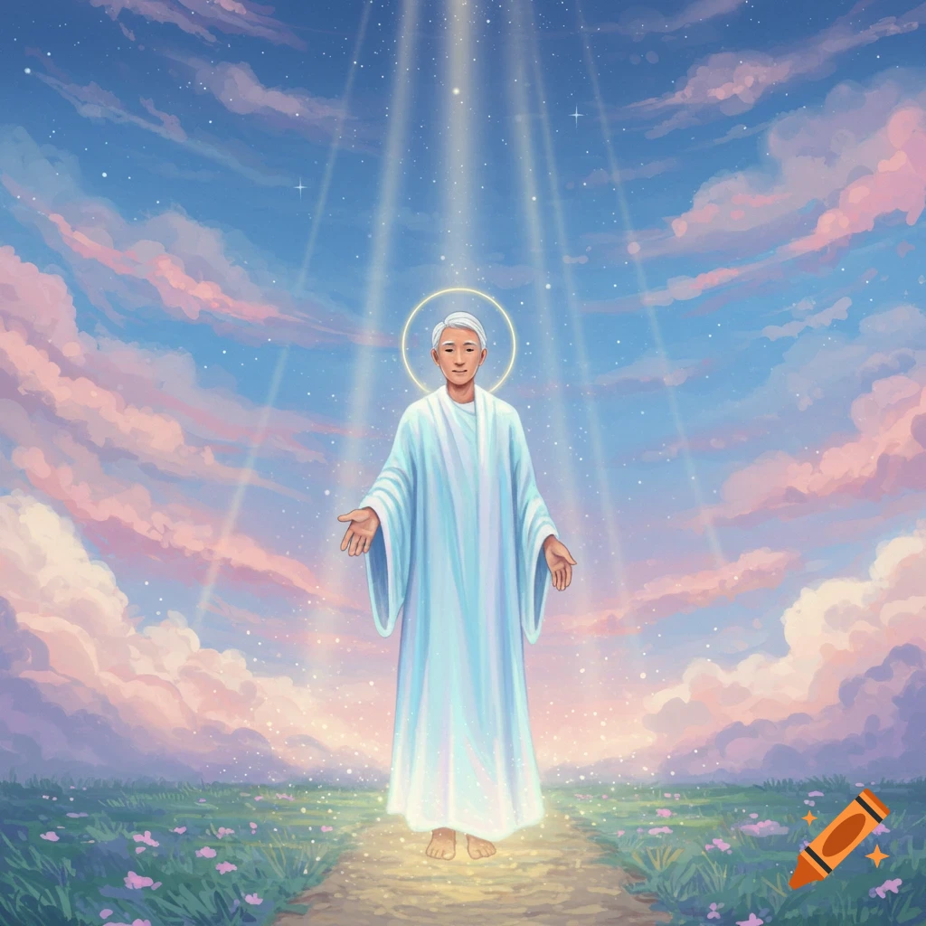 A serene figure with a halo, white hair, and a white robe stands on a path in a field under rays of light from a blue and pink sky.