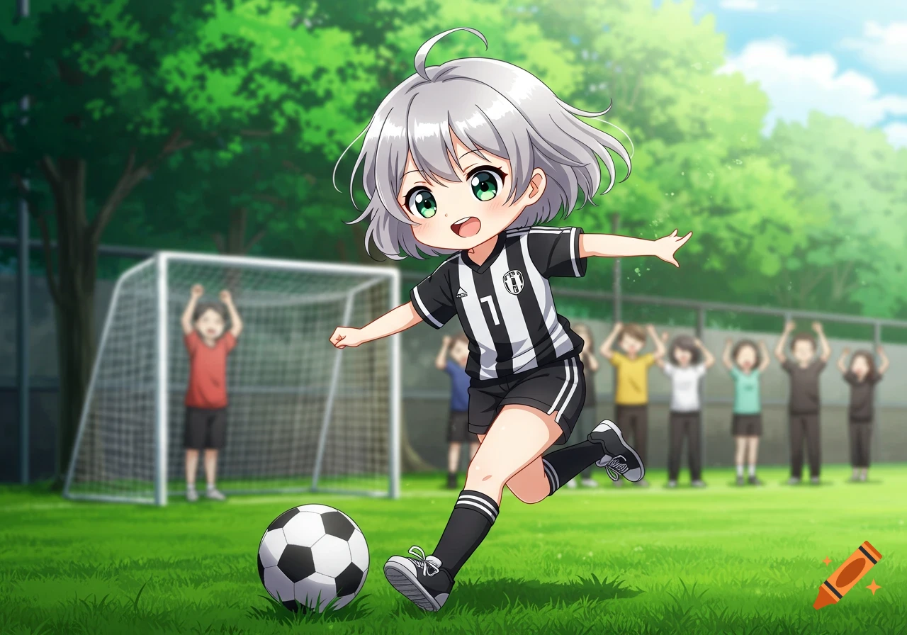 A kawaii anime girl with silver hair and green eyes plays soccer in a black and white striped uniform on a sunny green field.