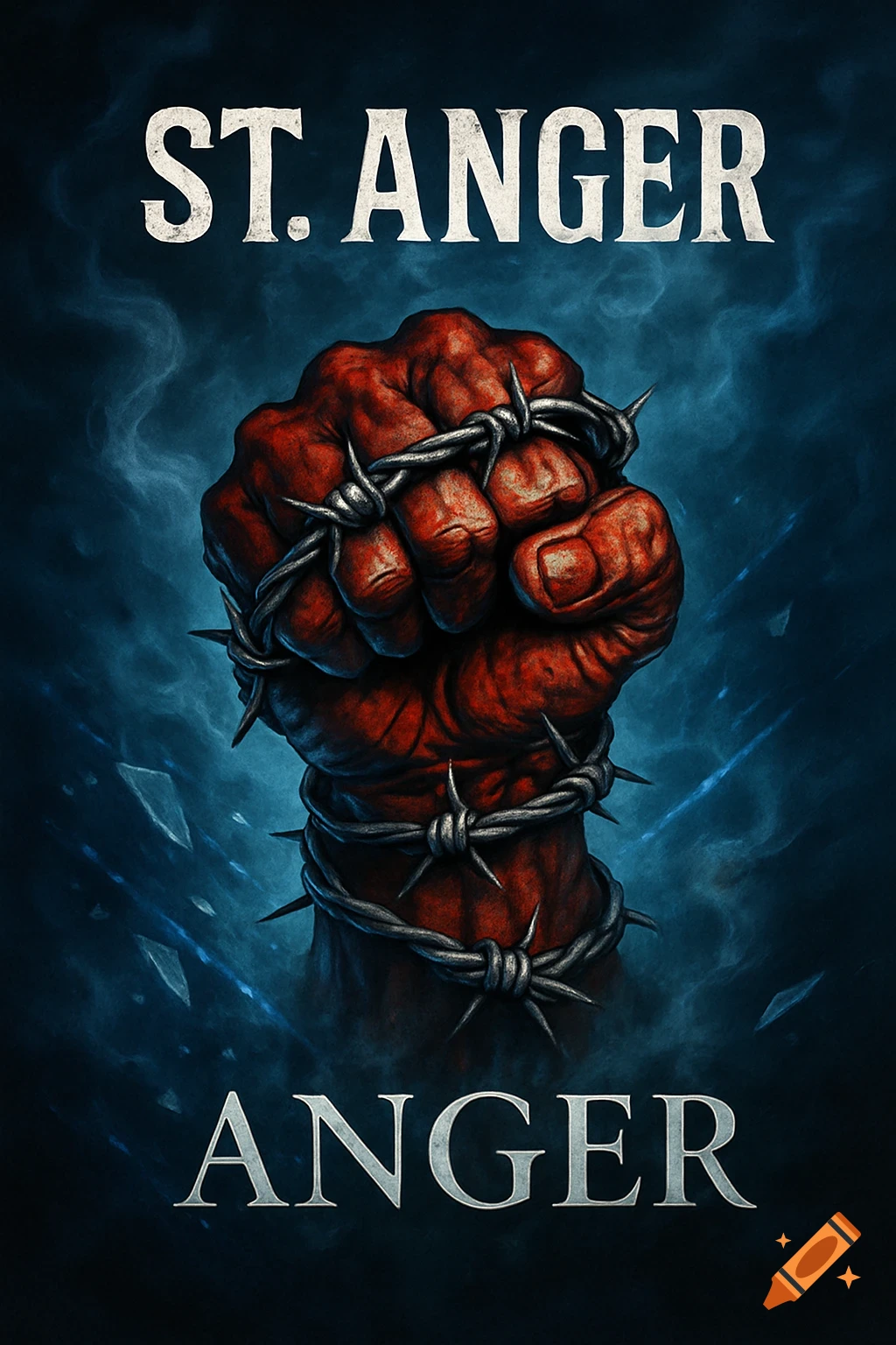A red, clenched fist wrapped in barbed wire, against a dark blue, smoky background. 'ST. ANGER' is at the top, 'ANGER' at the bottom.