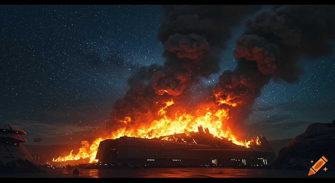 A massive sci-fi building ablaze with huge flames and smoke plumes under a starry night sky. Photorealistic.