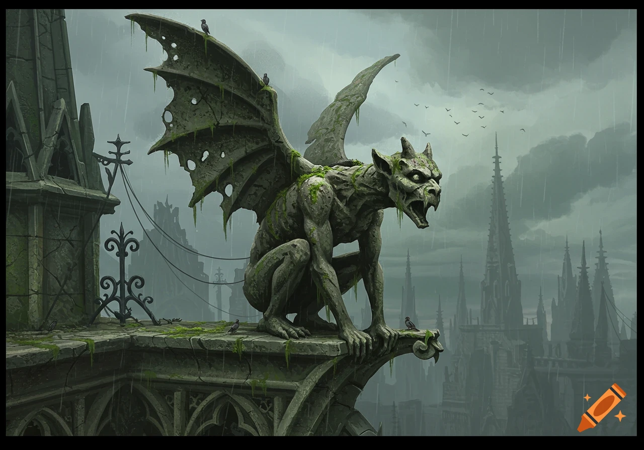 A moss-covered gargoyle with sharp teeth perches on a gothic cathedral during a rainy, gloomy day.