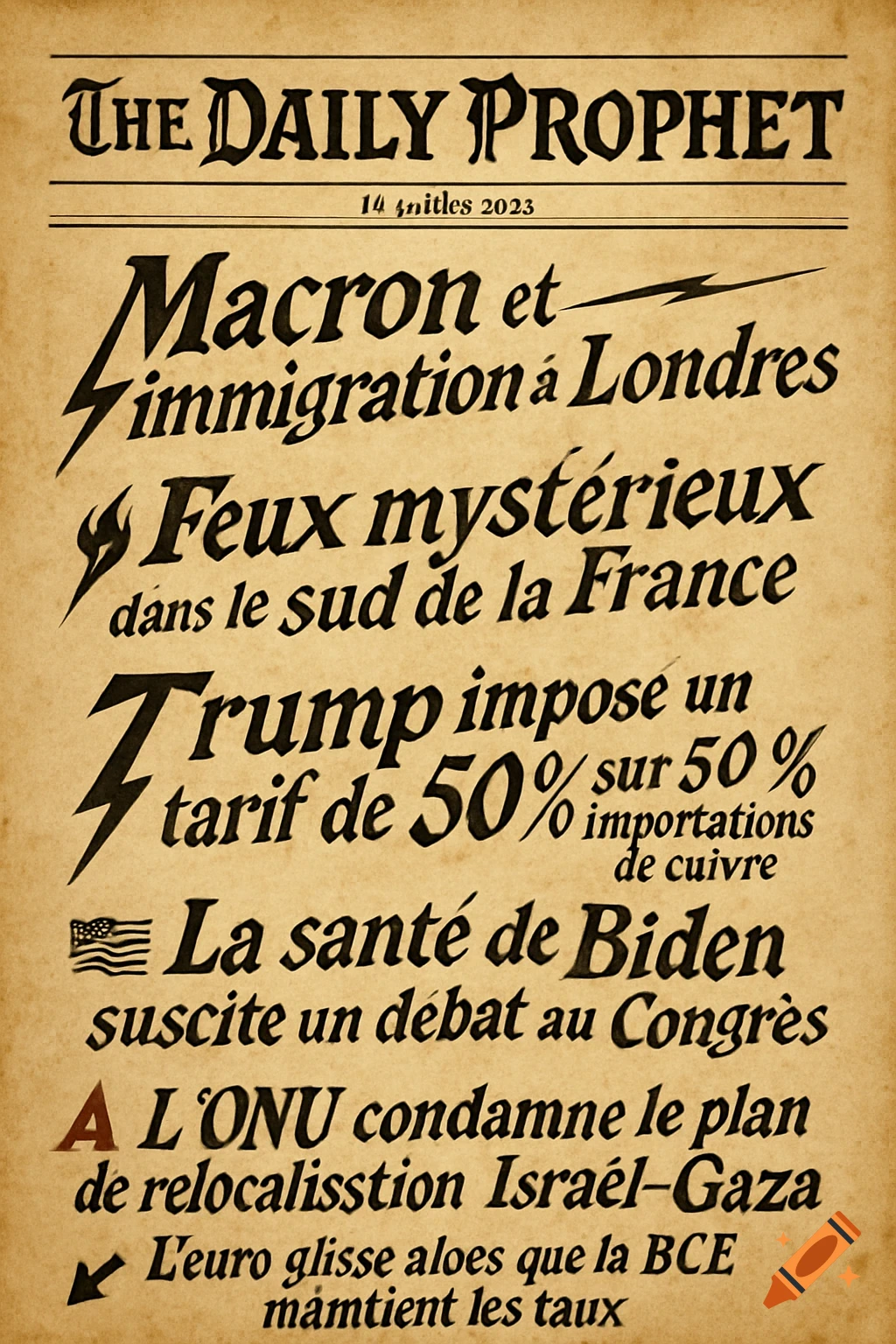 A vintage-style newspaper front page titled 'The Daily Prophet' with black headlines in a magical font on aged parchment, resembling a Harry Potter newspaper.