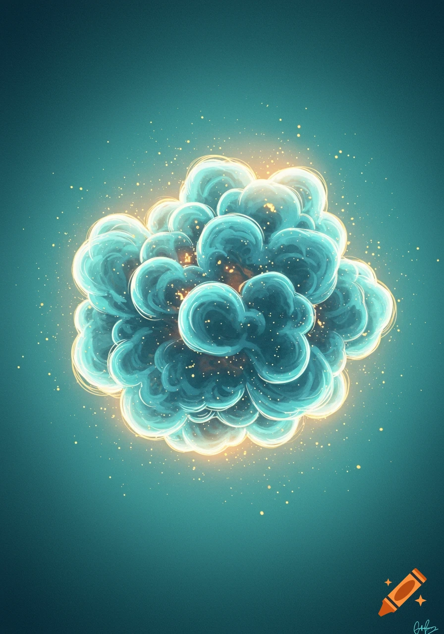 A glowing abstract cluster of blue and teal amorphous shapes with golden particles on a teal background.