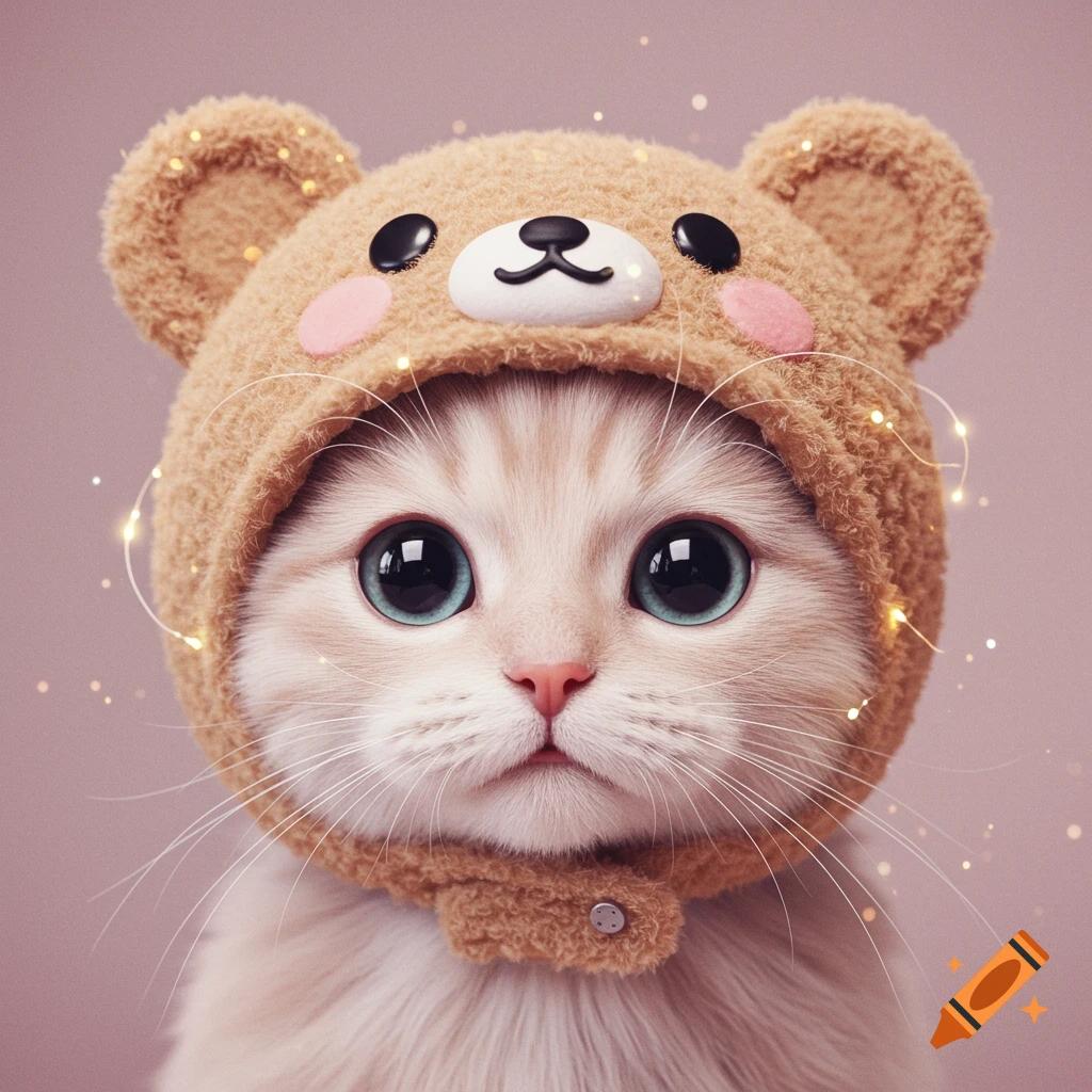 Close-up of a fluffy white and orange cat with big blue eyes wearing a cute brown bear hat with sparkling lights.
