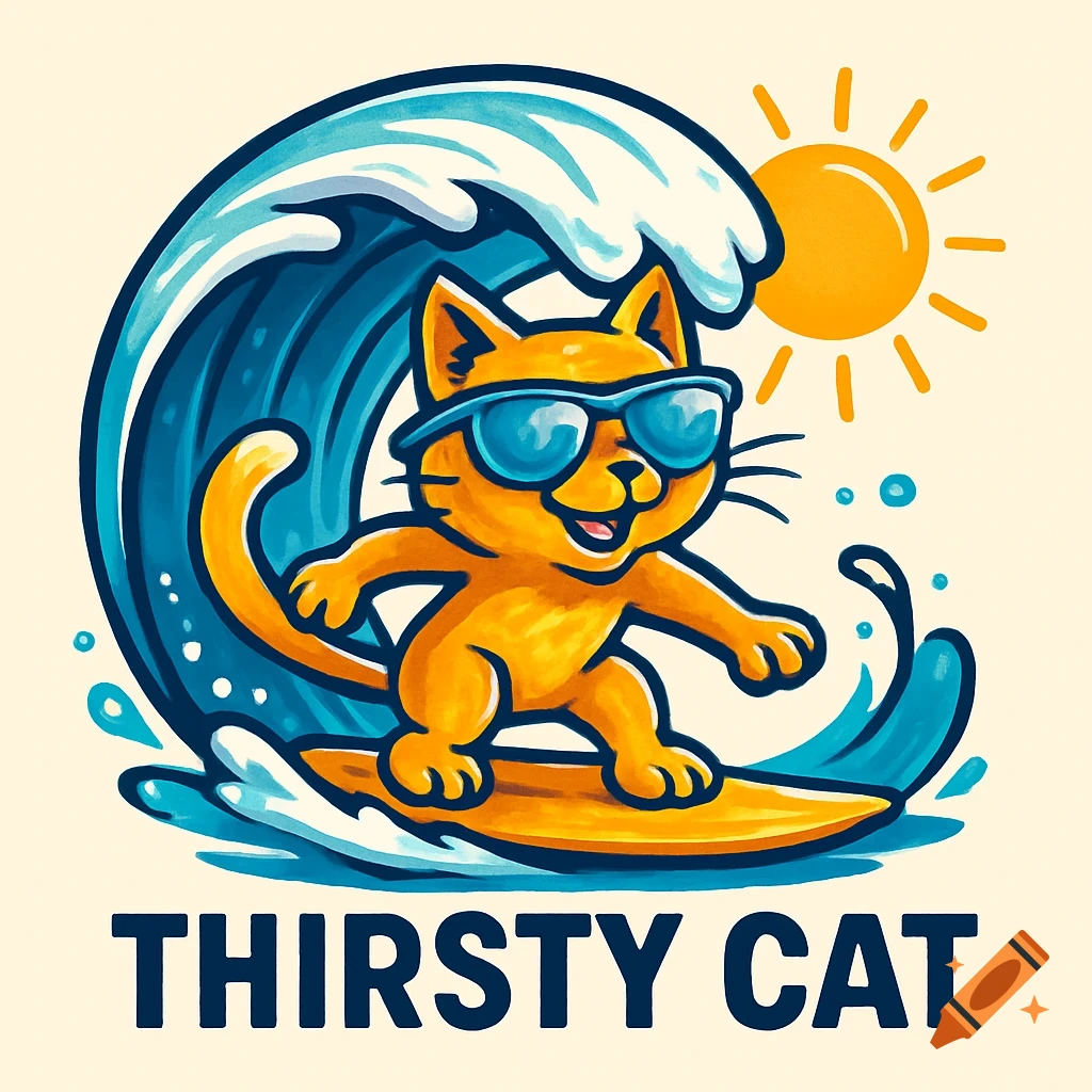 A vibrant cartoon logo of an orange cat wearing blue sunglasses, happily surfing a large blue wave under a bright yellow sun. The words "THIRSTY CAT" are prominent below.