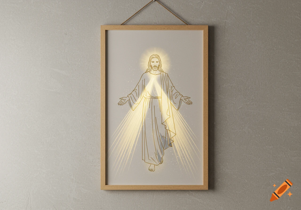 Line art illustration of Jesus Christ radiating golden light, framed and hanging on a textured gray wall.