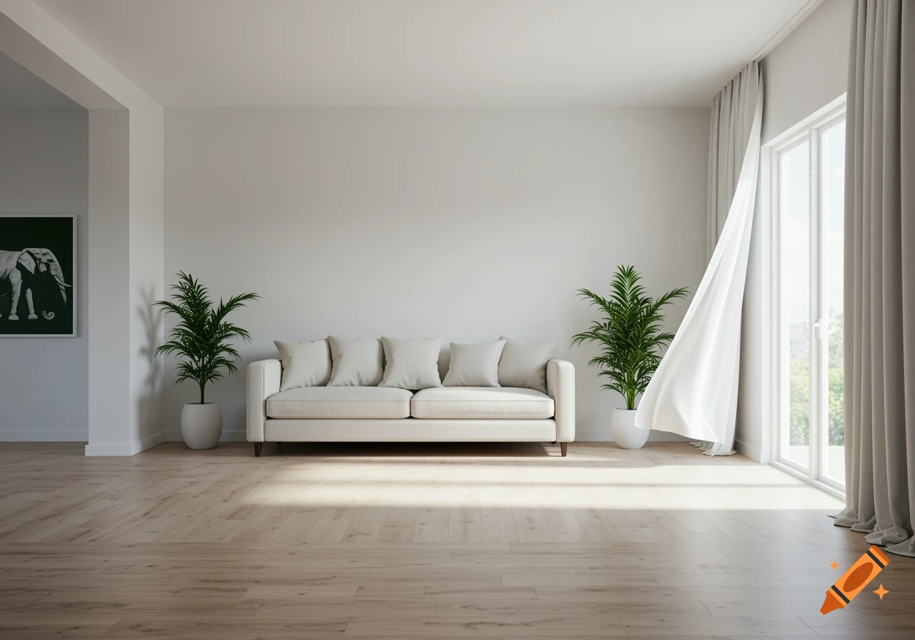 A minimalist living room with a light-colored sofa, two potted plants, a large window with white curtains blowing inward, and a framed elephant picture.