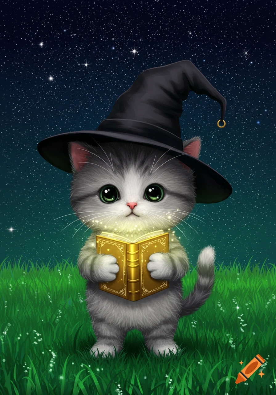 A cute gray and white cat wearing a black witch hat holds a glowing golden book while standing in green grass under a starry night sky.