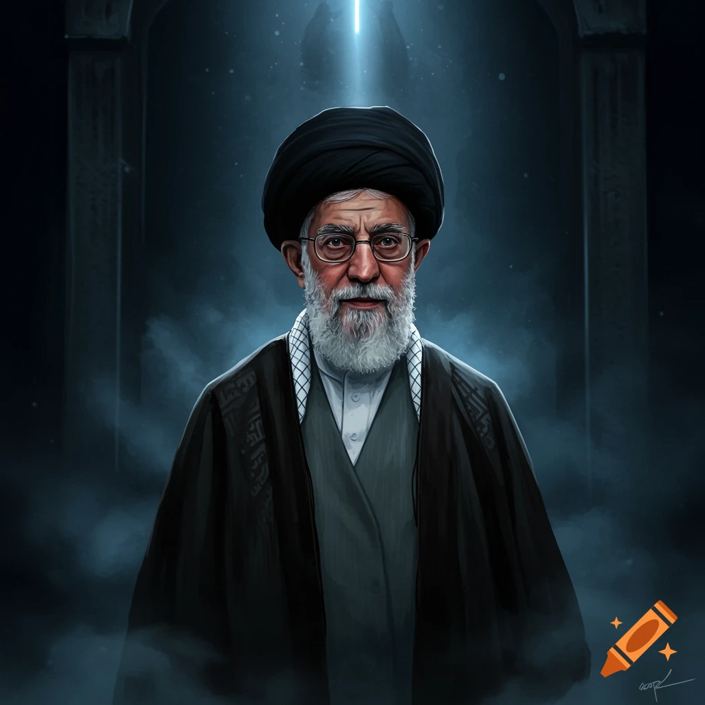 A stylized portrait of an elderly man with a long white beard, glasses, and a black turban, wearing a black robe and grey vest, against a dark, smoky background with a light beam.