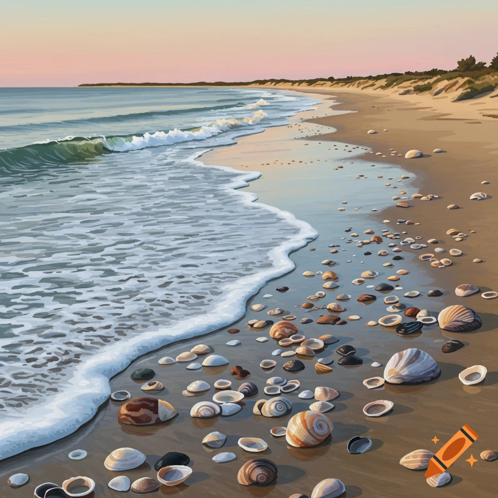A colorful, stylized depiction of a beach shore at sunset, with waves washing onto sand covered in various seashells.