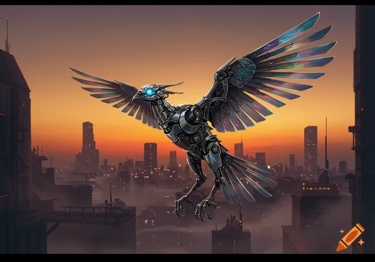 A detailed mechanical bird with glowing blue eyes flies over a futuristic city at sunset, digital art.
