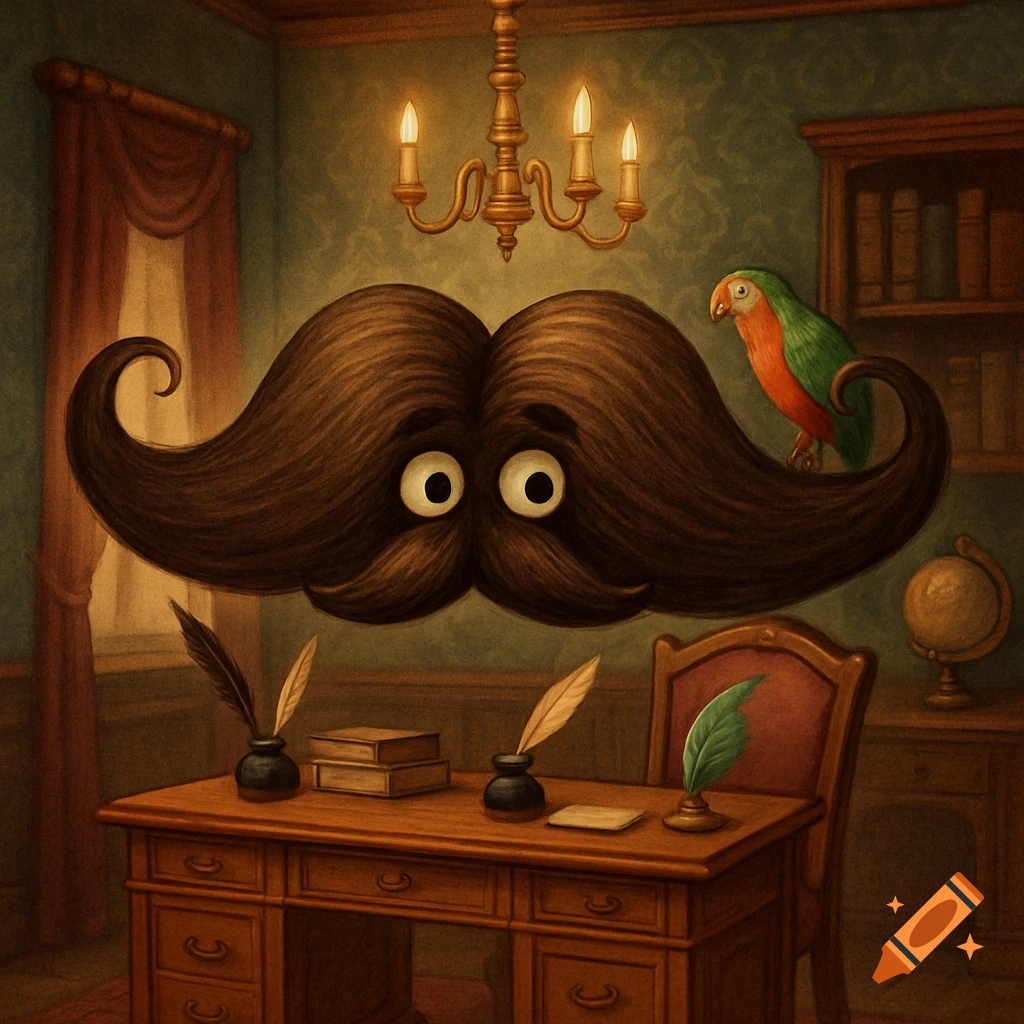 A whimsical, wide-eyed brown mustache floats above a wooden desk in a study, with a parrot on its side.
