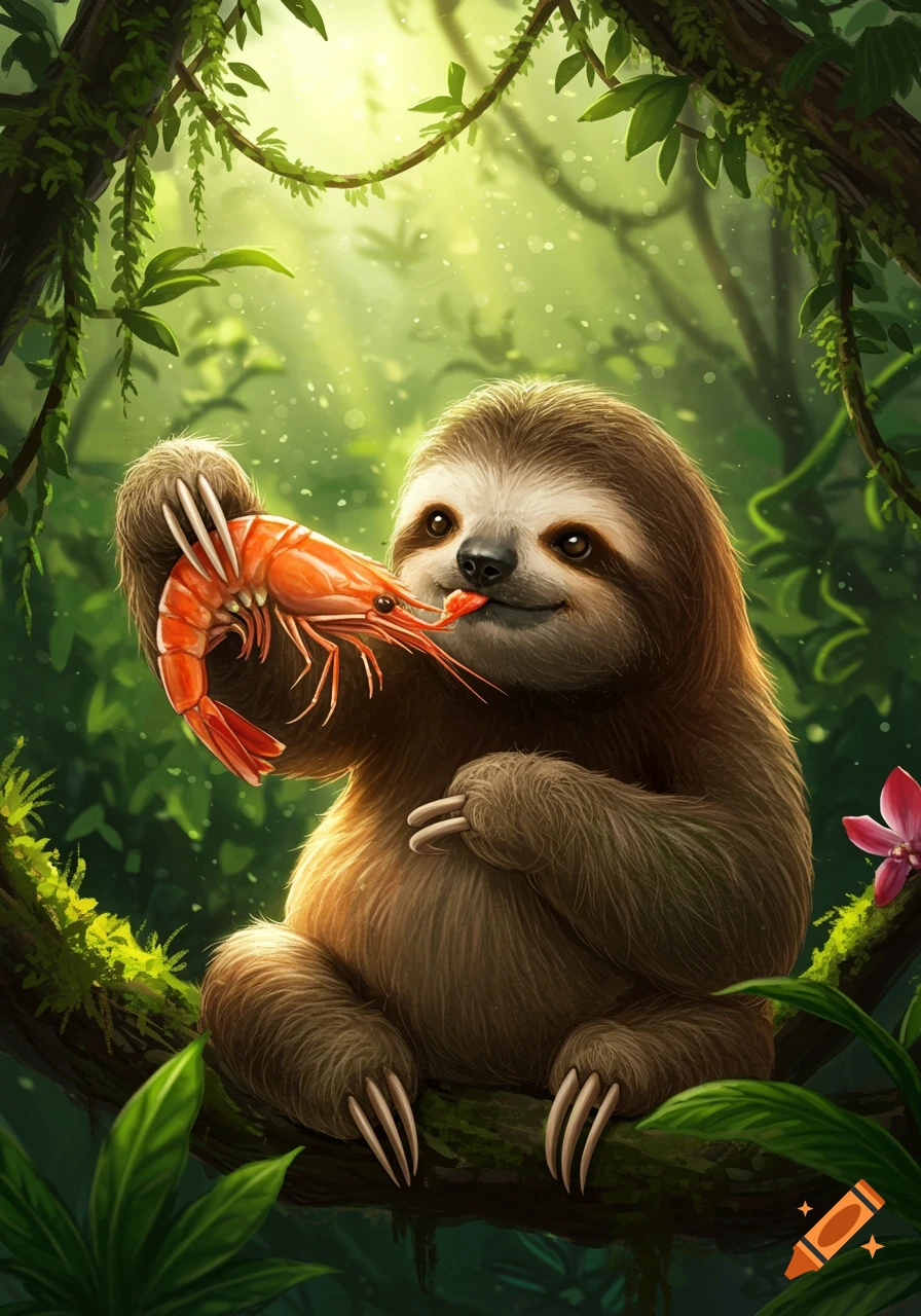 A cute, fluffy sloth with long claws holds a large red shrimp in its paw, extending its tongue to lick the shrimp's head. The sloth is perched on a mossy branch in a lush, sunlit jungle.
