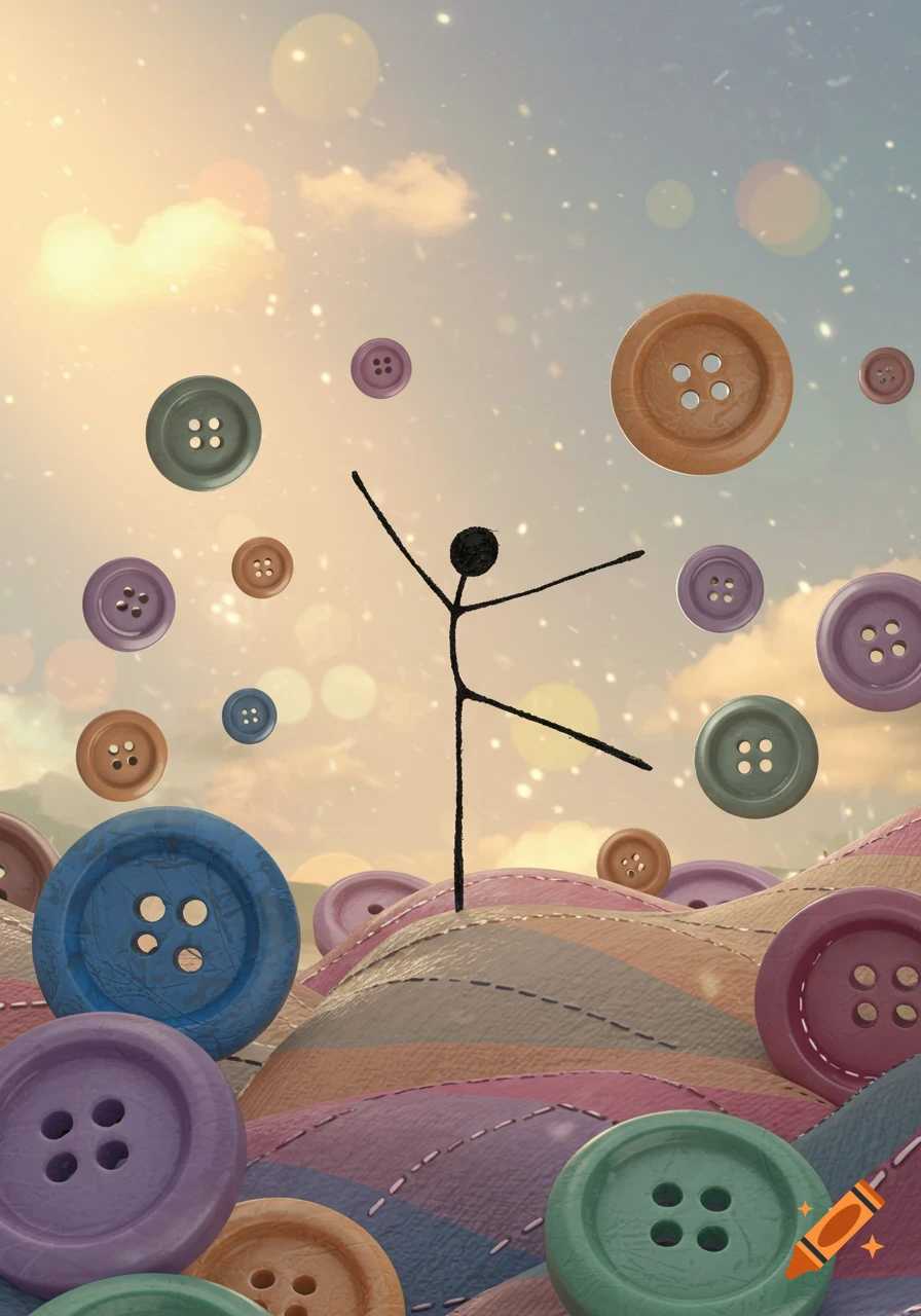 A stylized black stick figure dancing among large, colorful buttons on a wavy, stitched fabric landscape under a bright, bokeh sky.