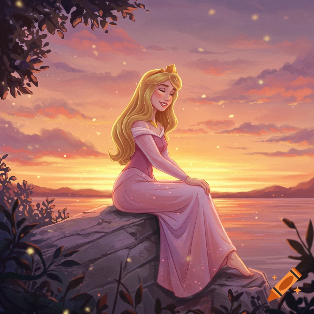 Princess Aurora sitting comfortably on a rock at sunset in a 2D digital art style.