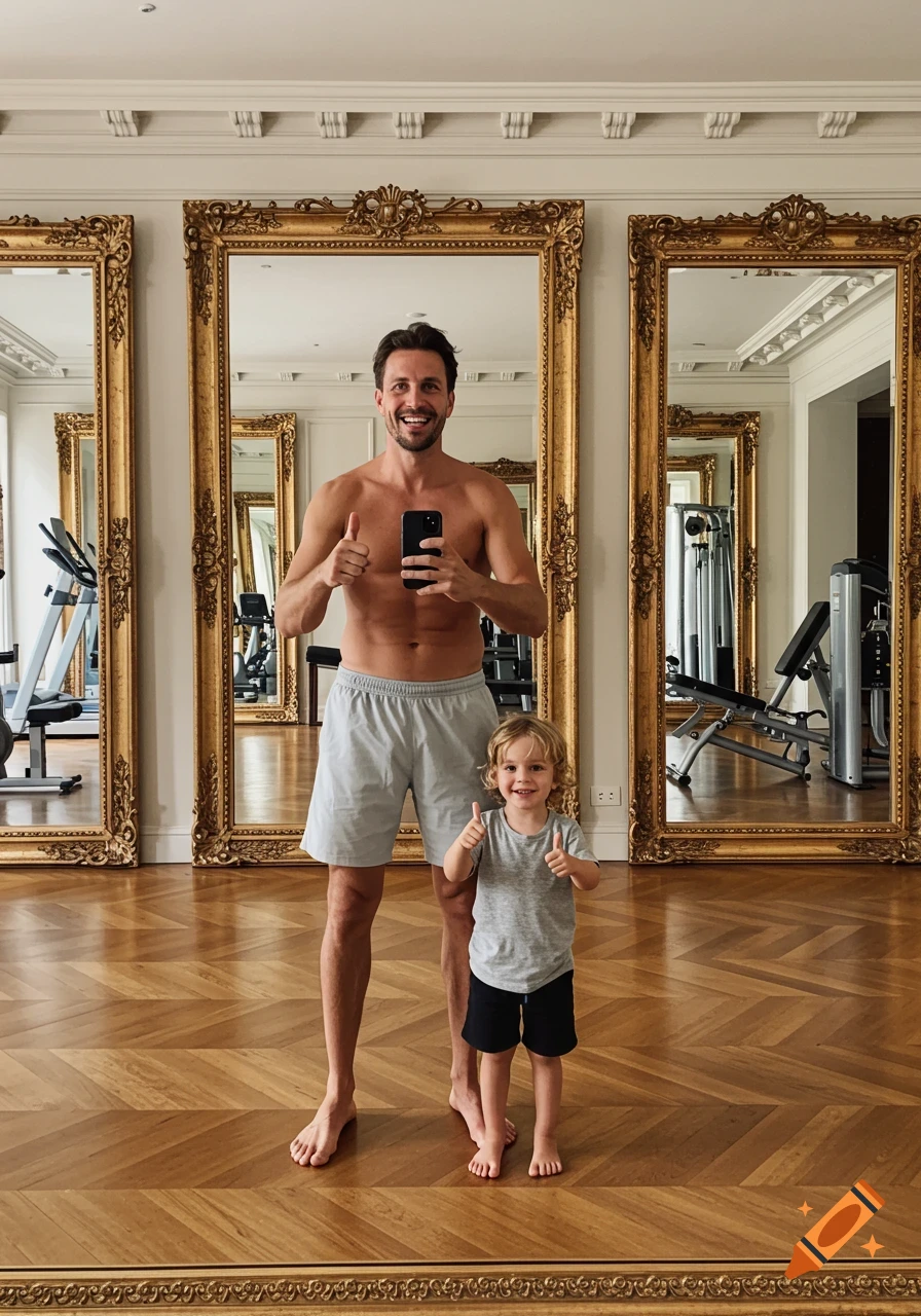 A man and a toddler giving thumbs up, taking a mirror selfie in a luxurious home gym.
