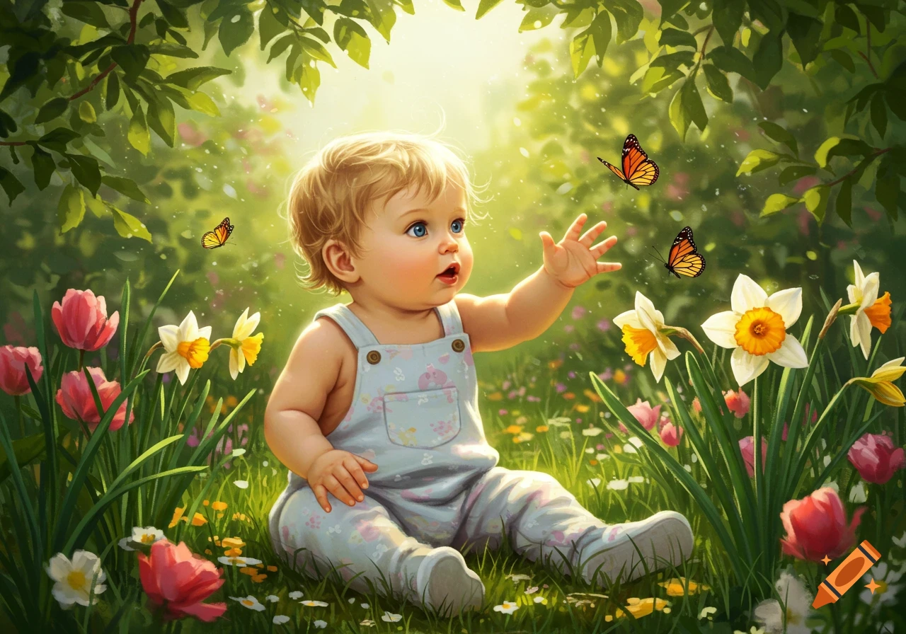 A blonde baby sits in a grassy field, reaching out towards a butterfly, surrounded by flowers and foliage.
