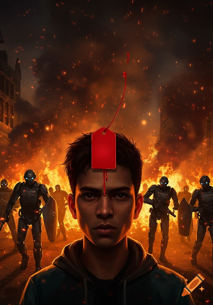 A young man with a red tag floating above his forehead, blood dripping, stands before a fiery cityscape with robocops.