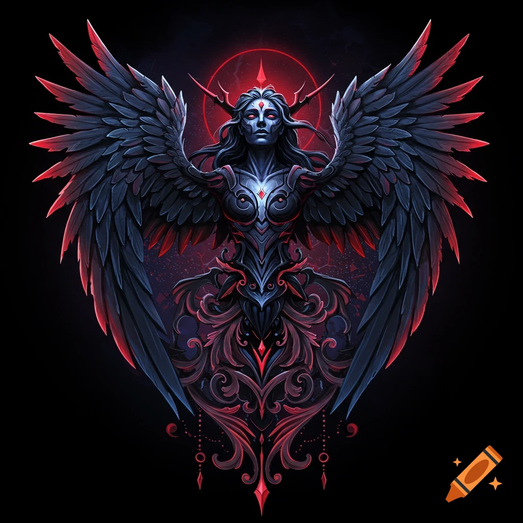 A dark fantasy angel with large black wings tipped in red, glowing red eyes, and ornate armor, surrounded by gothic patterns.